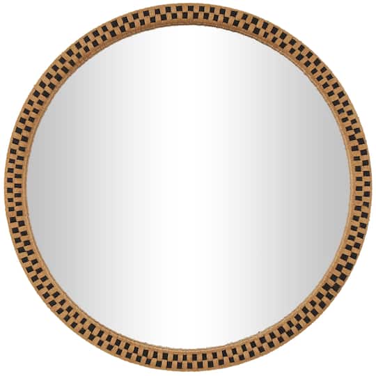 Woven Checkered Rattan Framed Round Wall Mirror
